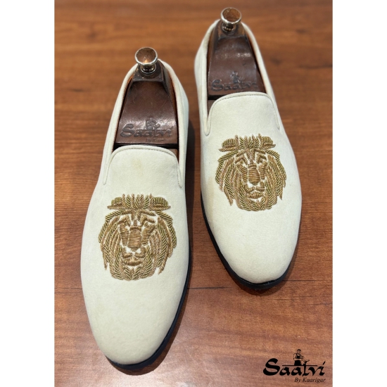 Cream Velvet Lion Zardosi Slipons-UK5/US6/EU39