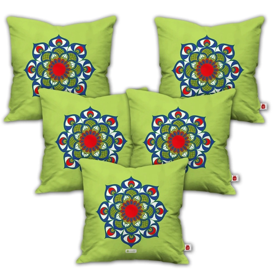 Indigifts Dipawali Gift Items Floral Mandala Print Green Cushion Cover 12x12ES with Filler Set of 5 - Diwali Gift Items, Diwali Decoration Items, Deepavali Decoration, Dipawli Gifts