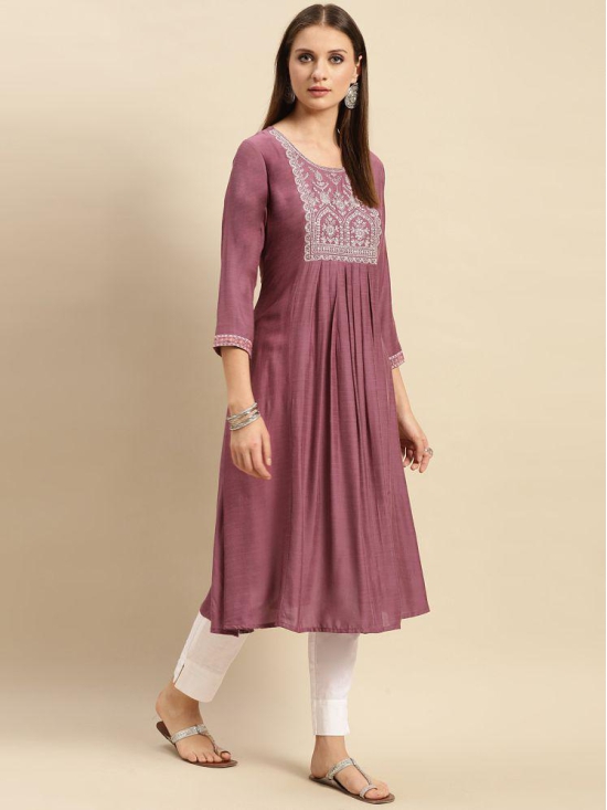 Rangita Women Viscose Blend Mauve Yoke Embroidered Calf Length Partywear A-Line Kurti - None