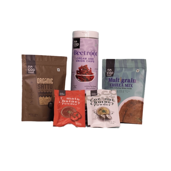 Combo of 5 | High Protein, Fiber-Rich  | Multigrain Chilla Premix 200 gm (1), Beetroot Cream and Onion Chips Box 150 gm (1), Sattu Coffee Hazelnut Shake 220 gm (1), Tomato Chutney Instant Mix 50 gm (1), Coconut Chutney Instant Mix 50 gm (1)