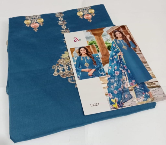 Sea Blue Chanderi Cotton Indian Churidar Suit With Zari Work