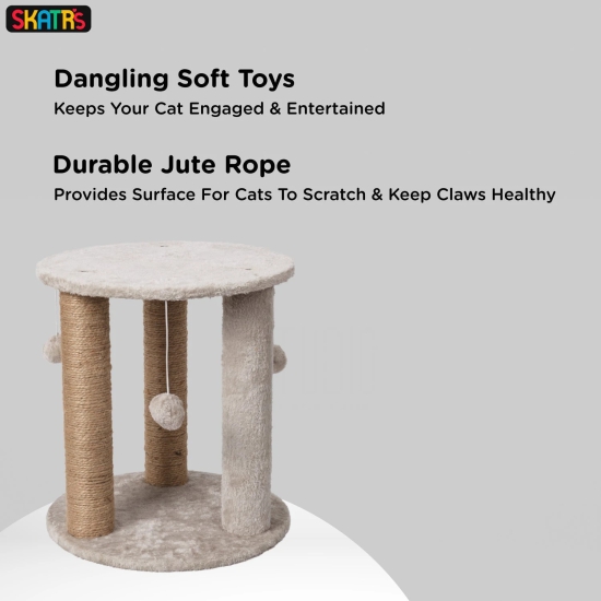 Skatrs Whisker Wonderland Circular Three Scratching Post with Hanging Pom Pom Cat Tree Toy Grey-1.4ft