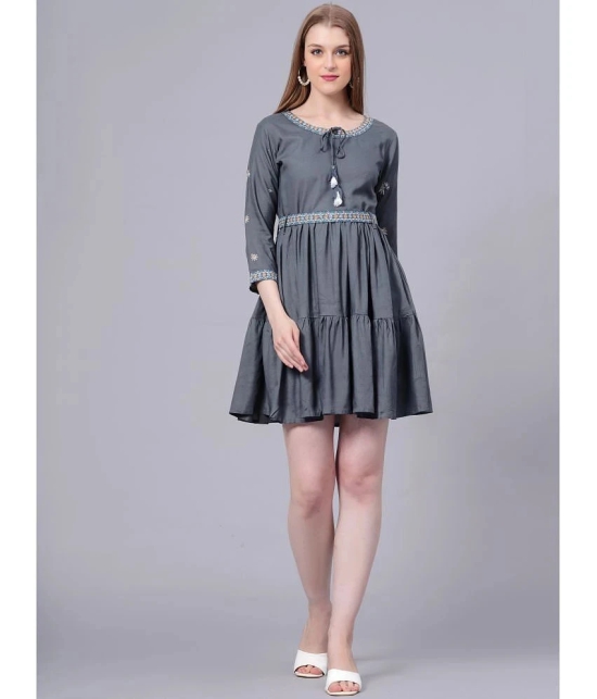 HIGHLIGHT FASHION EXPORT Rayon Embroidered Above Knee Womens Fit & Flare Dress - Grey ( Pack of 1 ) - None