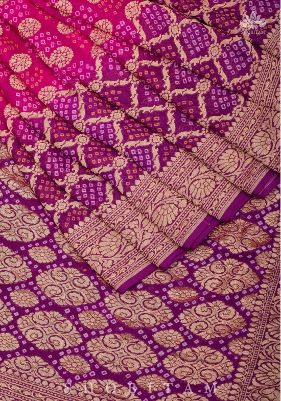 Ombre Purple-Pink Shades - Authentic Hand Bandhej Banarasi Silk Georgette Saree | SILK MARK CERTIFIED