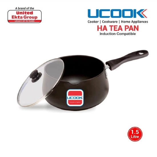 UCOOK by United Ekta Engg. 1.5 Litre Tea Pan | Chai Pan | Sauce Pan | Small Milk Pan | Coffee Pan | Milk Boiling | Baby Food Pan Hard Anodised Induction Base with Glass Lid, Black