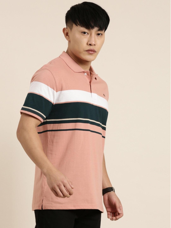 JOVEN Men Light Orange Striped Polo Collar T-Shirt-S / Light Orange