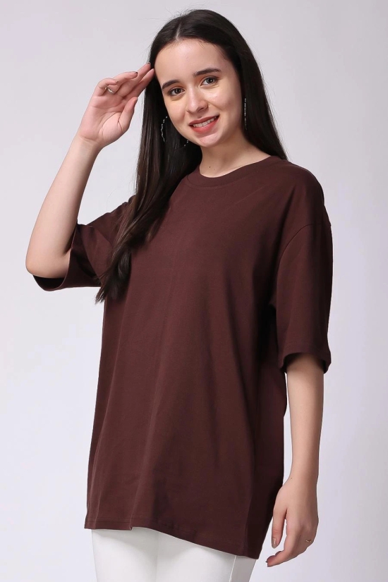 Womens Brown Plain Oversized Drop Shoulder T-Shirt-L / Brown