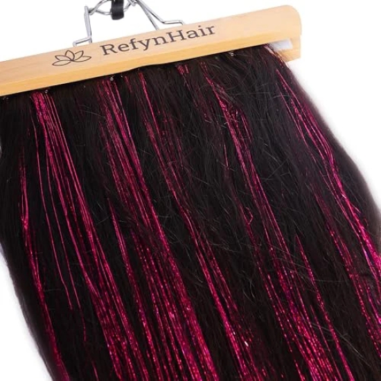 RefynHair - Tinsel Hair Extension | Dark Pink | High Density | Festive Shimmer for Special Occasions and Everyday Glamour Glitter Shiny Metallic Party Glamorous Trendy | Pack of 4