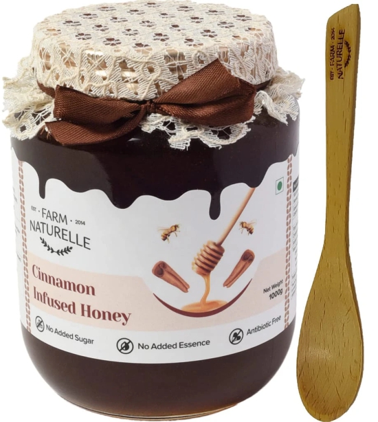 Farm Naturelle-Cinnamon Infused Wild Forest (Jungle) Honey/100% Pure/Natural/Un-Processed/Un-Heated/Lab Tested/Glass Bottle-850g+150gm Extra and a Wooden Spoon.