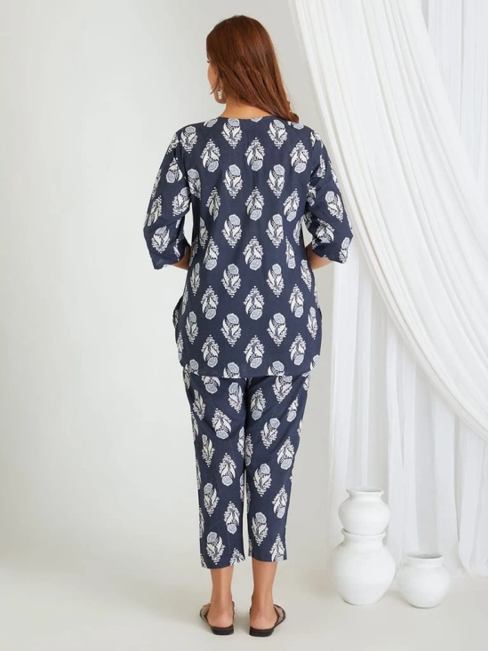 BREATHABLES Women Cotton Printed Loungewear Kurta and Pants Co-ord Set 3/4 Sleeve Round Neck Comfort Loose Fit Blue I Night Wear | Co-ord set | Lounge Wear Set