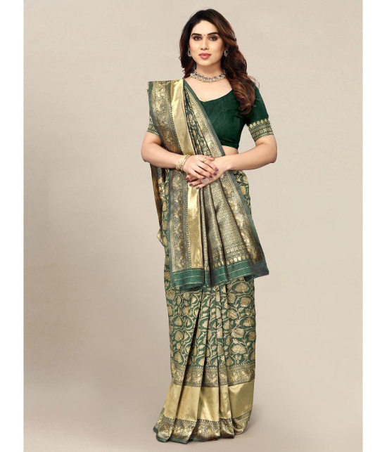 Om Shantam Sarees - Green Banarasi Silk Saree With Blouse Piece ( Pack of 1 ) - Green