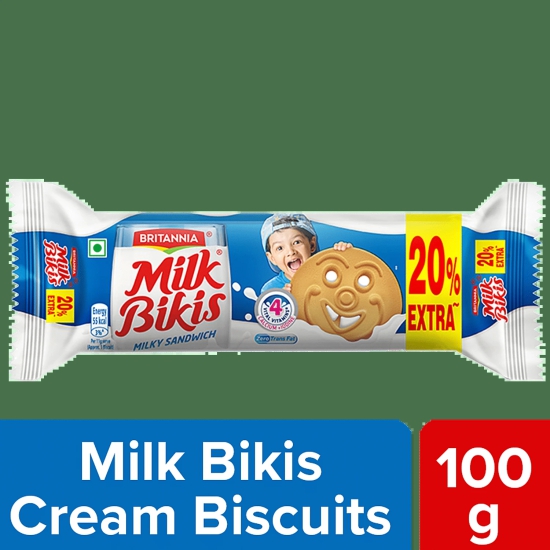 Britannia Milk Bikis - Milk Cream Biscuits, Essential Nutrients, Teatime Snack, 100 G