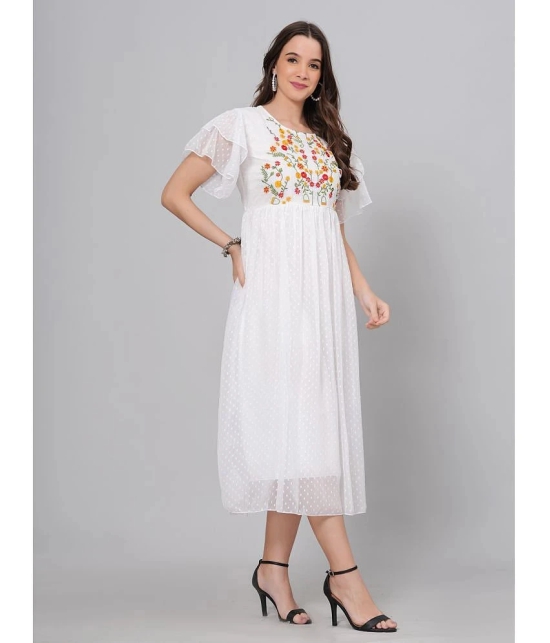 HIGHLIGHT FASHION EXPORT Crepe Embroidered Midi Womens Fit & Flare Dress - White ( Pack of 1 ) - None