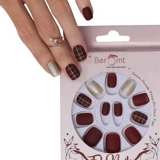 GLITTER SMALL SQUARE NAILS (NAIL KIT INCLUDED)-Maroon