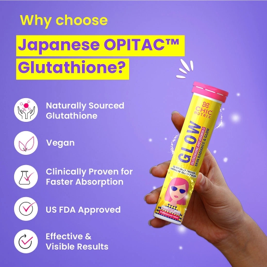 Chicnutrix Glow - 500mg Japanese Glutathione  Vit. C for Brighter Skin  Skin Glow  Radiance  Strawberry-lemon flavour  10 effervescent tablets-Chicnutrix Glow - 500mg Japanese Glutathione & Vit.