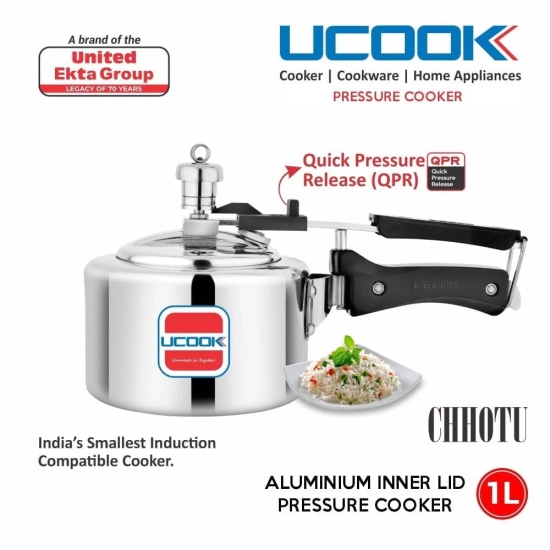 UCOOK By UNITED Ekta Engg. Chhotu 1 Litre Induction Inner Lid Aluminium Pressure Cooker, Silver