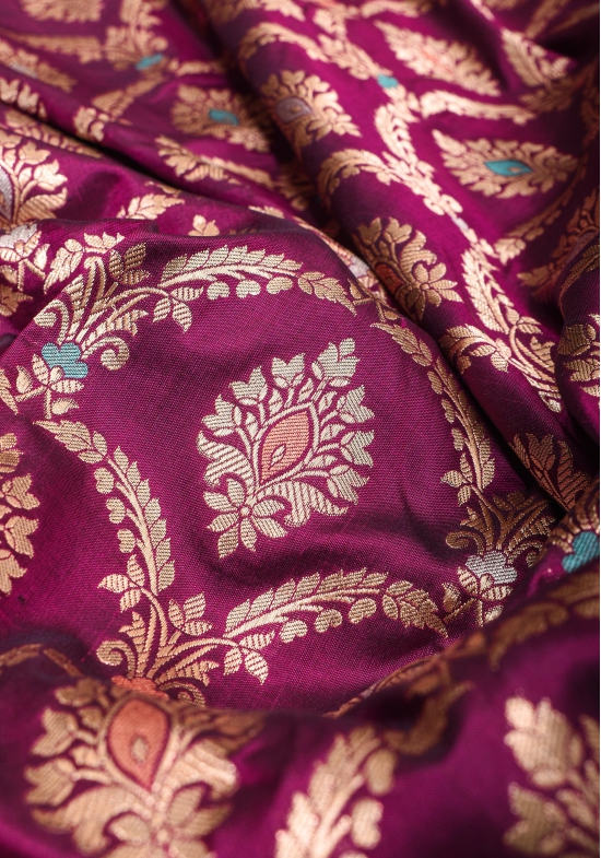 Exquisite Meenakari  Arches Jaal Banarasi Katan Silk Saree in Plum | SILK MARK CERTIFIED