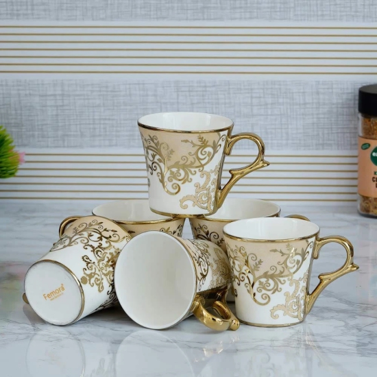 Femora Indian Ceramic Floral Gold Line Ceramic Tea Cup, Coffee Mugs, Set of 6 Pcs, 160 ML