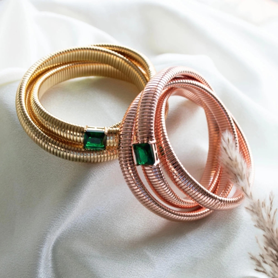 Emerald Chunky Twisted Bangle-Golden