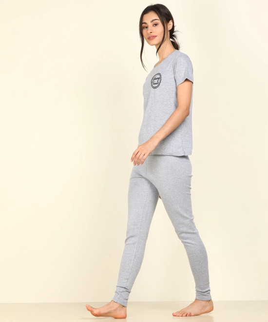 Womens Lounge Wear Regular Fit T-Shirt And Print Tights Set-S / Grey