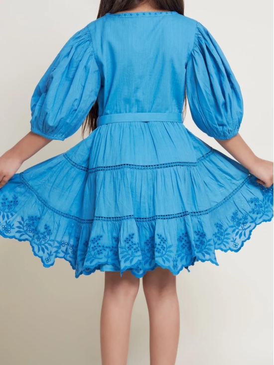 Etoile Puff Sleeves Cotton Slub Girls Dress - Blue-12-13Y