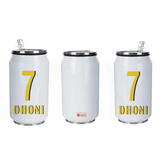 Indigifts Dhoni Coffee Tumbler With Lid And Straw 350 ML|Insulated Steel Sipper Can For Travel|Cold & Hot Beverages|Dent & Scartch Proof|Safe for Kids|MULTI|