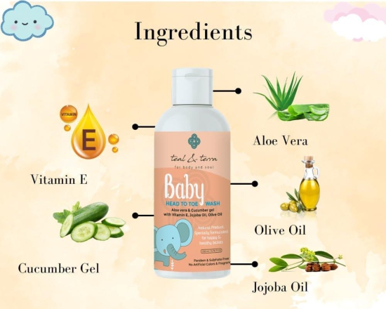 Teal & Terra Gentle Baby Head-To-Toe Wash (200ml) | Tear Free, Mild Cleansing for Soft & Sensitive Skin | Aloe Vera, Vitamin E, Jojoba & Olive Oil Blend | Moisturizes Hair, Scalp & Skin