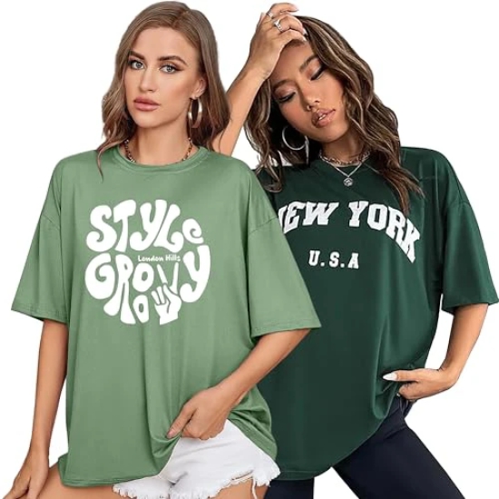 London Hills Womens Casual Printed Round Neck, Oversized Longline Drop Shoulder Boho Style Regular Fit T-Shirt Pack Of 2