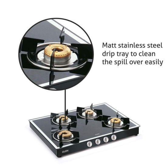 Glen 4 Burner LPG Gas Stove Mirror Finished Glass High Flame Forged Brass Burner, Extra Wide, Black (1048 GT FB MBL)