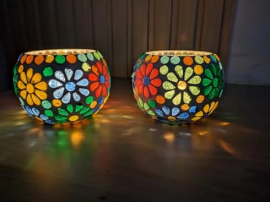 Aarna Creations Mosaic Tea Light Stand| Handcrafted Turkish Candle Stand | Tea-Light Bowl (Set of 2) (Flower)