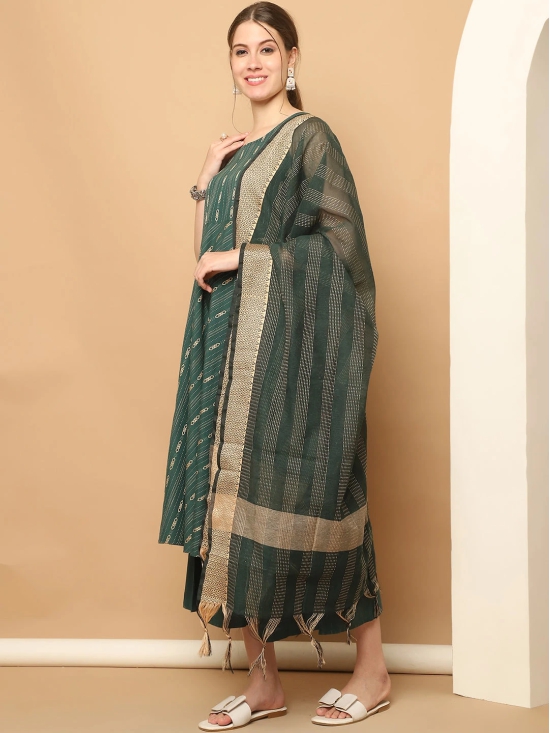 Green Woven Design Kantha Work Kurta with Palazzos & With Dupatta-XXL / Green