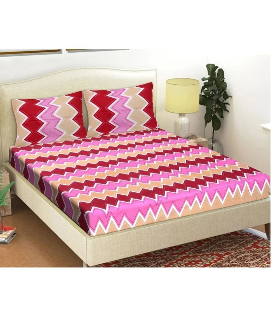 Frionkandy Cotton Vertical Striped Printed Queen Bedsheet with 2 Pillow Covers - Pink - Pink