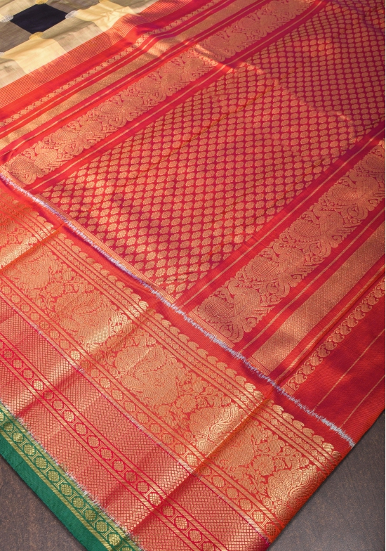 Beige and Black Kanjivaram Pure Silk Saree with Checks and Red Border | SILK MARK CERTIFIED