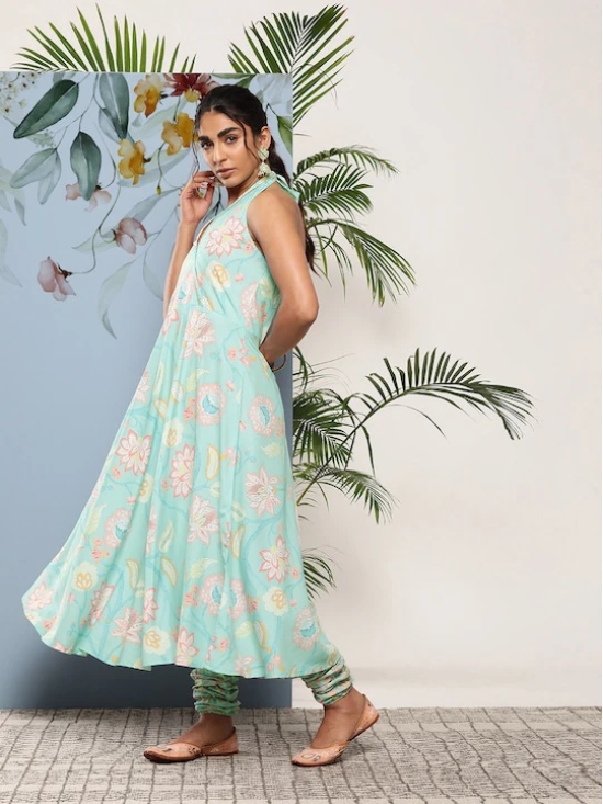 Women Blue Floral Printed Gotta Patti Kurta with Churidar