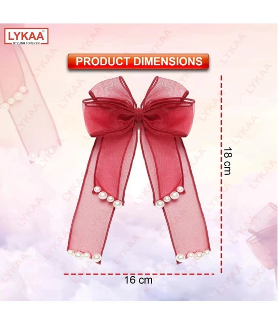 LYKAA Stylish Hair Ribbon Pearl Bow For Girls Women Kids, French Style Big Layered Hair Clips, Red 1 - Red