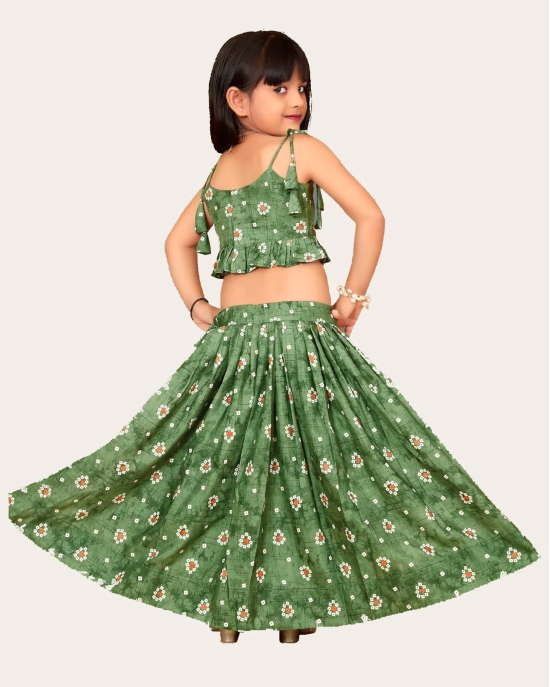 Kid Girls Readymade Bandhani Print Designer Blouse With Lehenga Set-Green / 5 Years-6 Years