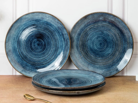 Reactive Handpainted Premium Ceramic 4 Small Plates | Quarter Plates | Stoneware | Microwave and Dishwasher Safe | Pack of 4 | Reactive Blue