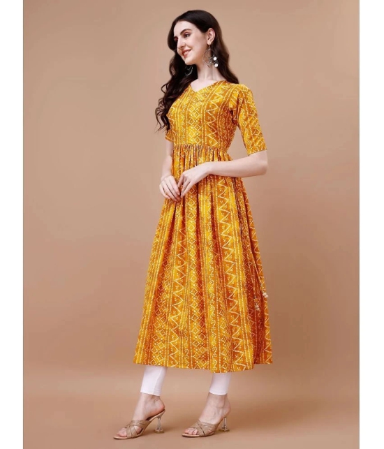 Glomee Rayon Printed Nayra Womens Kurti - Yellow ( Pack of 1 ) - None