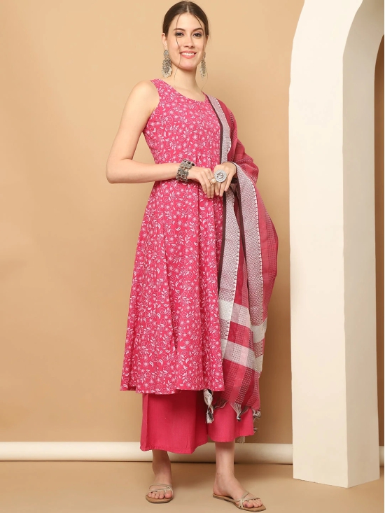 Printed pink flared kurta pallazos dupatta set-L / Pink