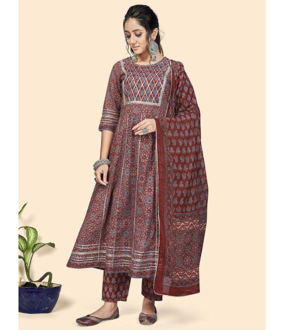 Vbuyz - Maroon Anarkali Cotton Womens Stitched Salwar Suit ( Pack of 1 ) - None