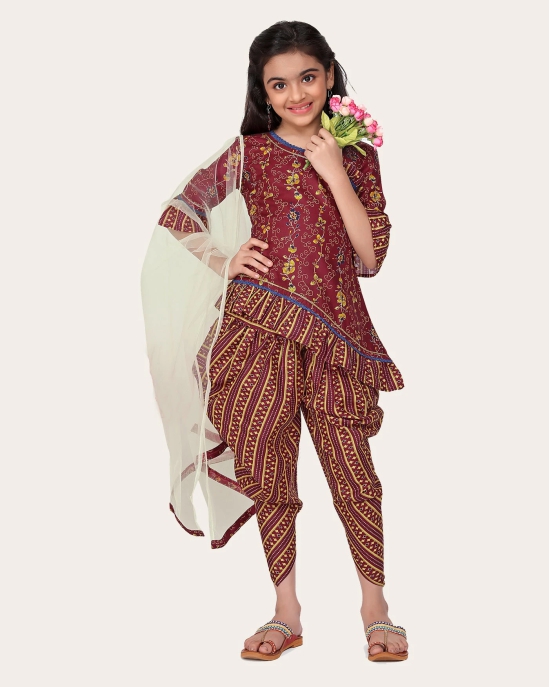 Floral Cotton Printed Peplum Stylish Top and Dhoti Dupatta Set for Girls-Maroon / 6 - 7 Years