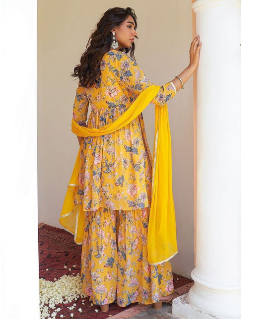 Janasya - Yellow Tiered Flared Georgette Womens Stitched Salwar Suit ( Pack of 1 ) - None