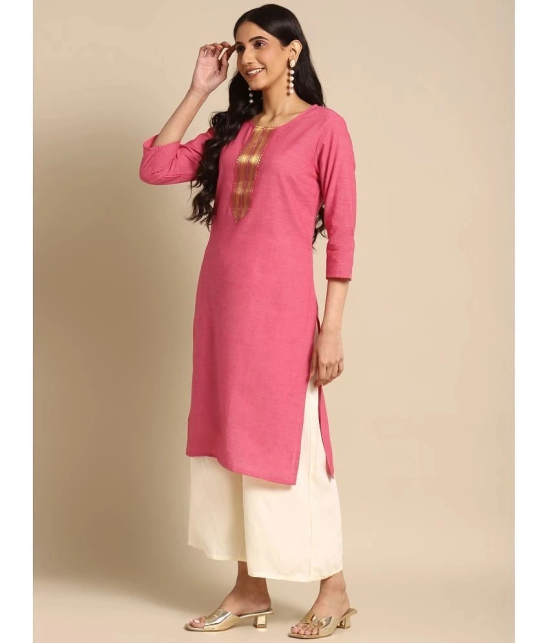 Rangita Women 100% Cotton Pink Zari Tape Placket Knee Length Straight Kurti - None