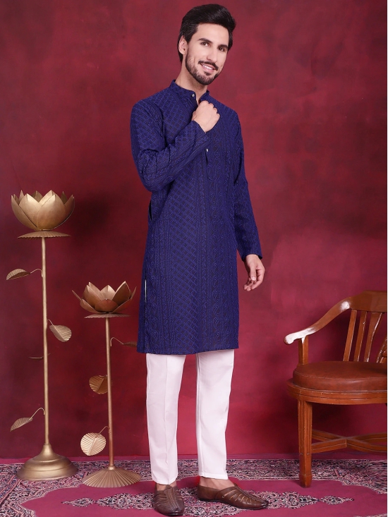 Mens Chikankari Embroidered Kurta Pyjama Set-XL / Navy-Blue