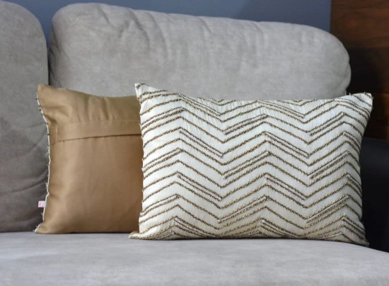 Hand Embroidered Metallic Zig Zag Lines Pattern Art Silk Cream Lumbar Cushion Cover Size 12x18