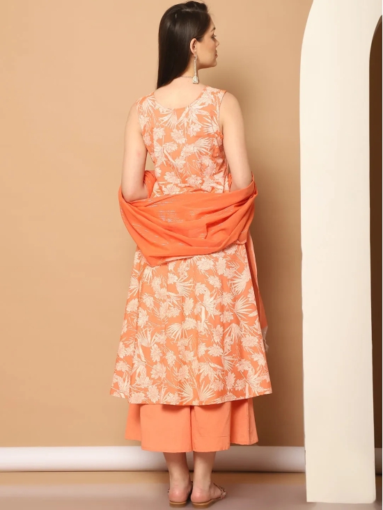 Printed orange flared kurta pallazos dupatta set-S / Orange