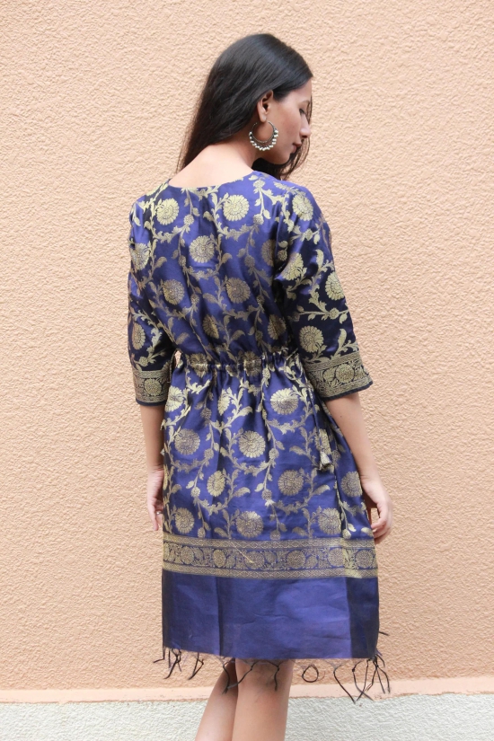 Navy Blue Gold Banarasi Silk Kaftan Dress-M