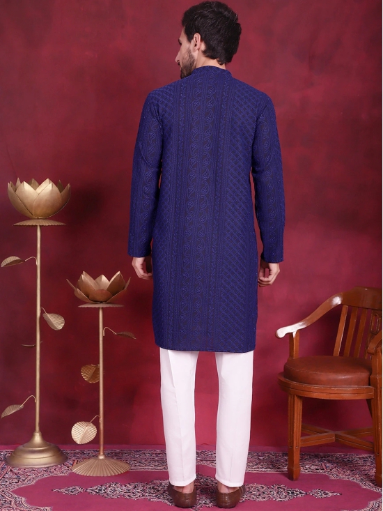 Mens Chikankari Embroidered Kurta Pyjama Set-L / Navy-Blue