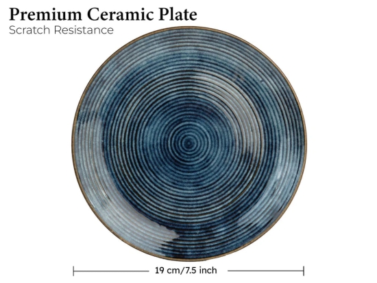 Reactive Handpainted Premium Ceramic 4 Small Plates | Quarter Plates | Stoneware | Microwave and Dishwasher Safe | Pack of 4 | Reactive Blue