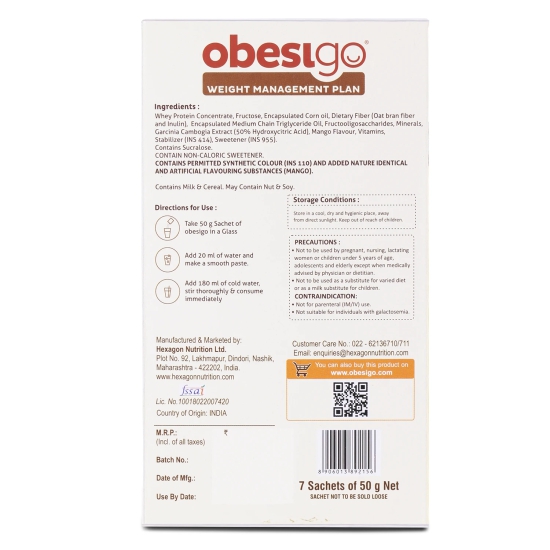 Obesigo BLCD Obesigo Meal Replacement Weight Loss And Weight Management Plan (Mango Flavor) - 350Gm (7 Sachets Of 50G Each)